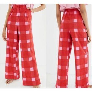 Anthropologie Porridge Womens Medium Red & Pink Plaid Wide-Leg Pants 100% Cotton